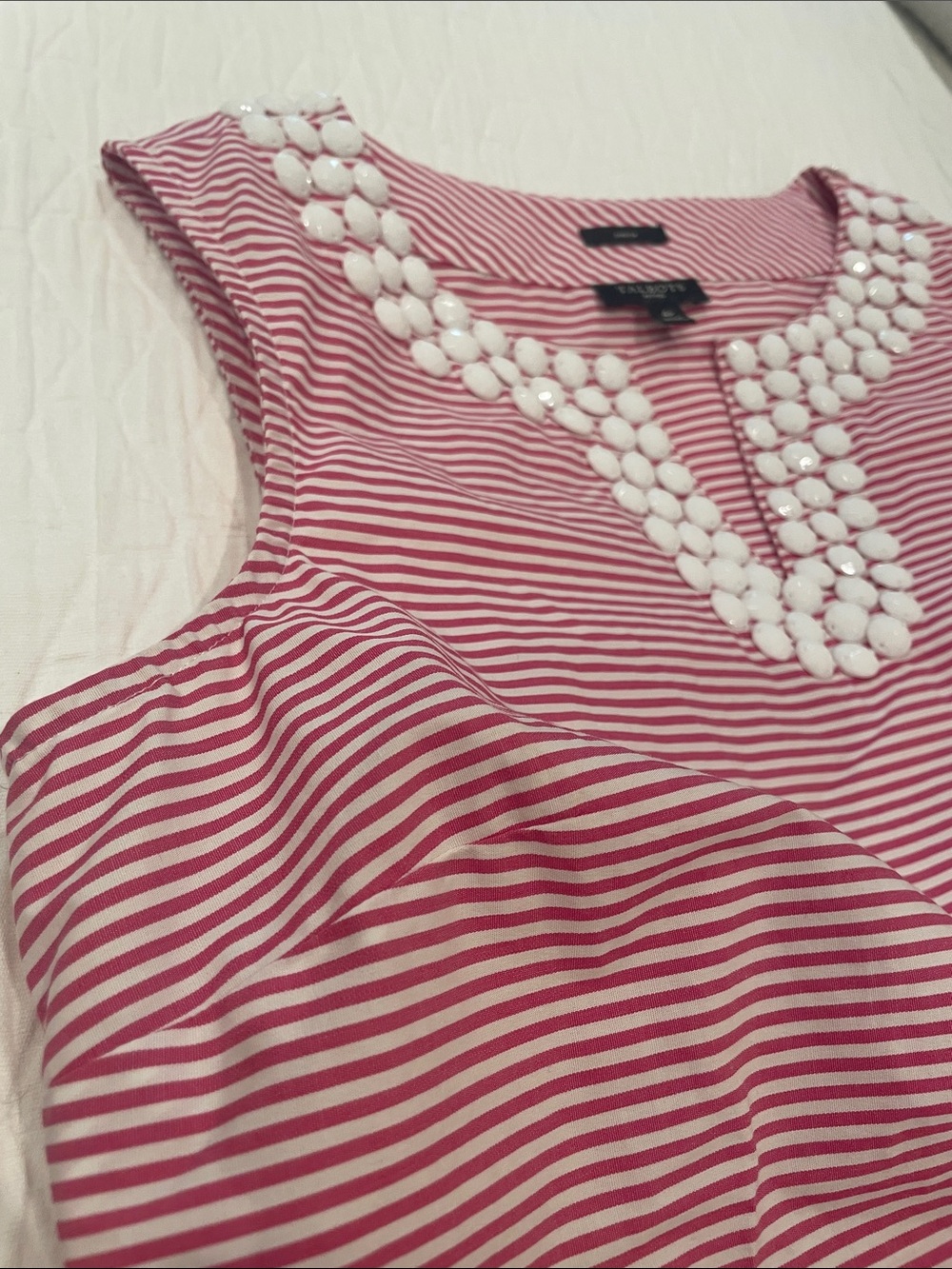 Talbots Pink & White Striped Sleeveless Top with Beaded Neckline - Picture 5 of 7